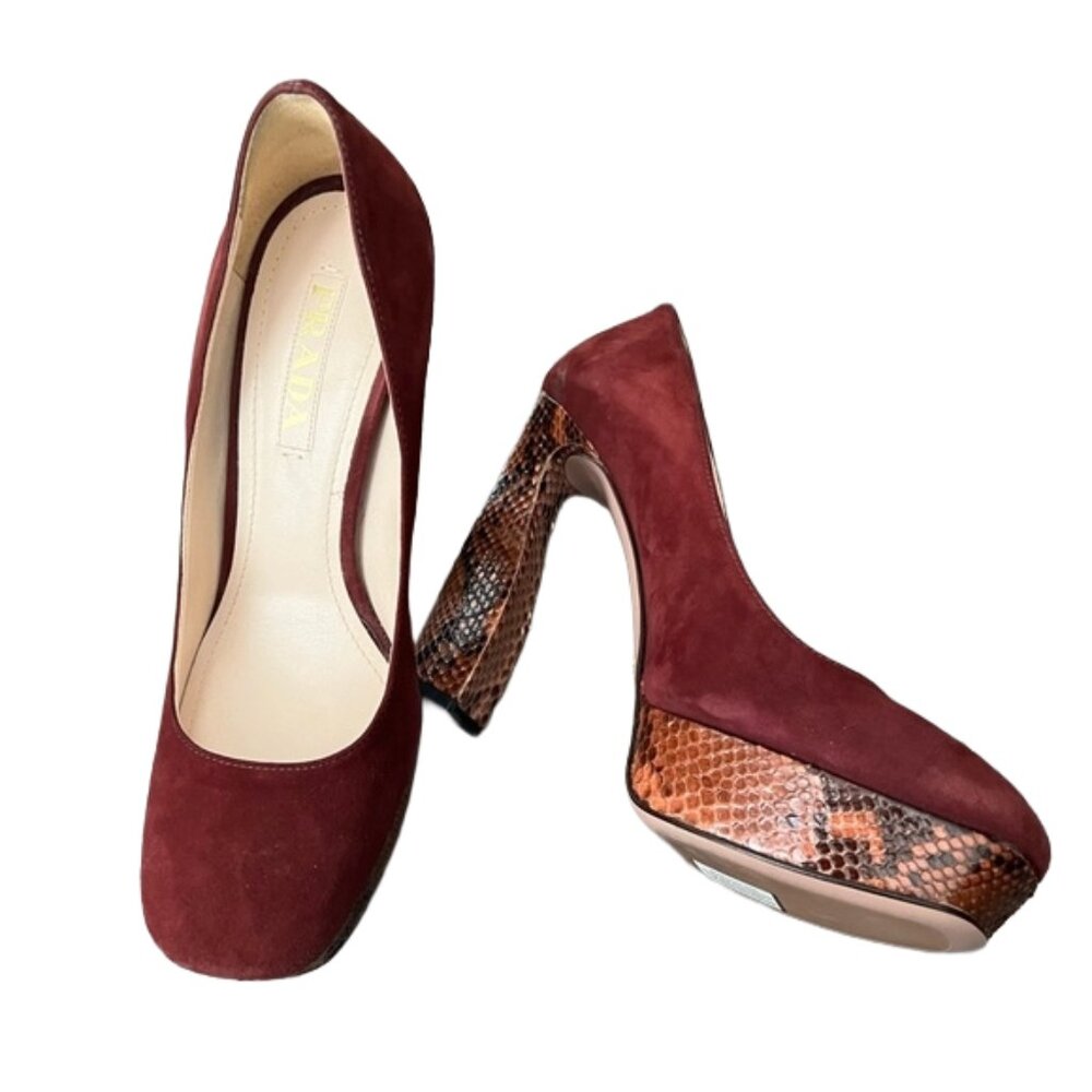 Prada NEW Authentic Burgundy Suede Platform Block Heels with Snakeskin Detail - Picture 4 of 14